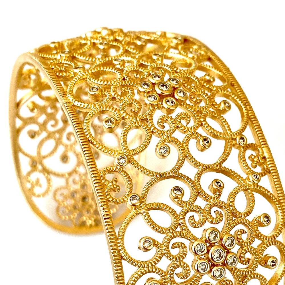 Landau, Brushed Gold Wide Filigree Cuff, CZ’s